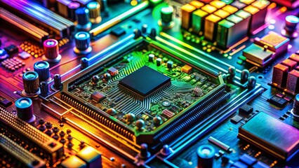 Fototapeta premium Vibrant colors of circuits, wires, and microchips on a sleek computer motherboard, displaying intricate design and advanced technology in a high-contrast close-up view.