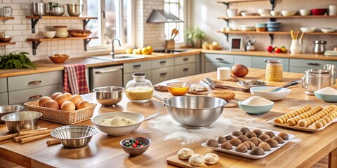 Flour-dusted countertops, mixing bowls, and utensils sprawl amidst baking sheets, pastry bags, and sweet treats in a warm, inviting kitchen setup for a family baking class.