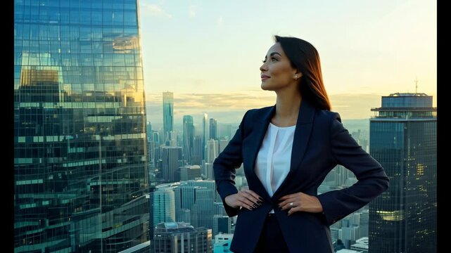 A woman in a business suit stands on a rooftop looking out over a city. Concept of ambition and determination, as the woman is dressed professionally and he is taking in the view of the city