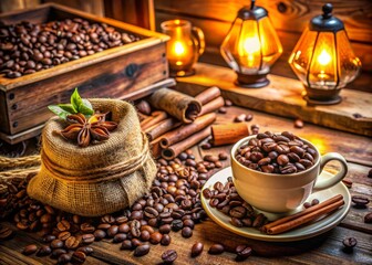 Warm and inviting atmosphere of a cozy café, rustic wooden accents, vintage decorations, and aromatic coffee beans, evoking a sense of comfort and entrepreneurial pride.