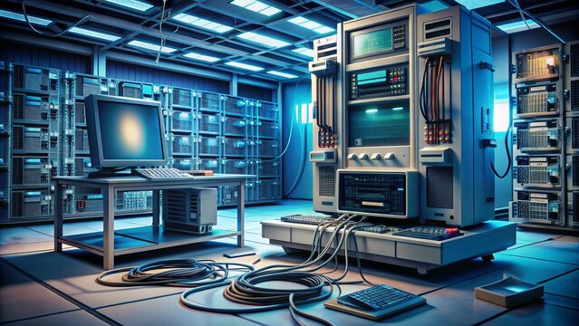 Old mainframe computer surrounded by modern devices, cables, and coding papers, conveying the fusion of outdated systems with innovative technology for smooth digital transition.