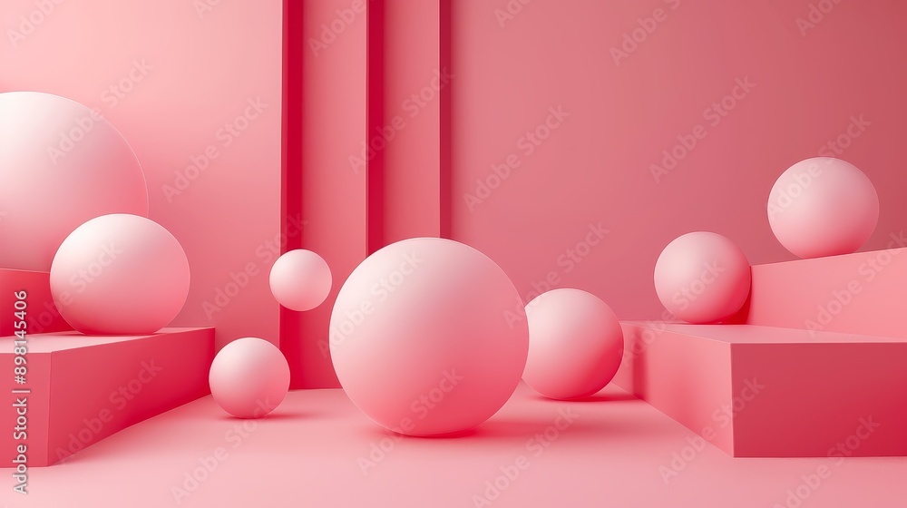 Poster minimalist abstract background with pink spheres and geometric shapes. perfect for product display o