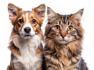 Fototapeta premium Adorable dog and cat duo gaze at the camera together, showcasing heartwarming friendship and incredible friendliness, isolated on a transparent background.