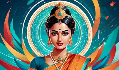 A realistic portrait of an Indian princess. Portrait of Indian woman. Abstract colorful background. Cartoon character