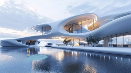 Modern, futuristic home with a sleek, white exterior and flowing curves, situated on a calm body of water.