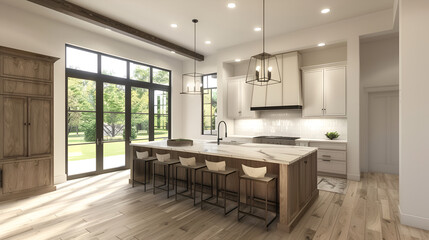 Modern luxury classic white kitchen, Large kitchen island with quartz stone countertop and bar stools, pendant lights, modern kitchen appliances, wooden floor, home decor, Modern luxury white kitchen