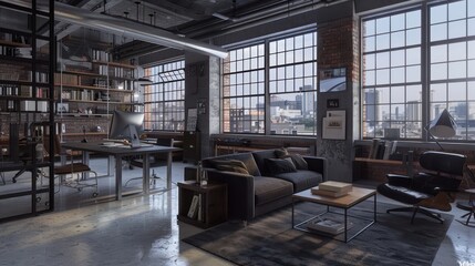 modern urban loft with an integrated home office, featuring industrial decor, large windows, and minimalist furniture