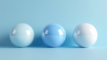 Three glossy spheres in shades of blue and white on a light blue background.