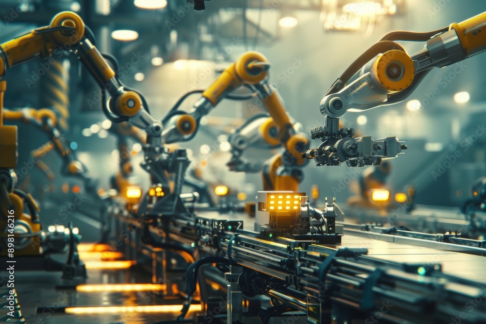 Poster a highly automated manufacturing plant where ai controls robotic arms and assembly lines