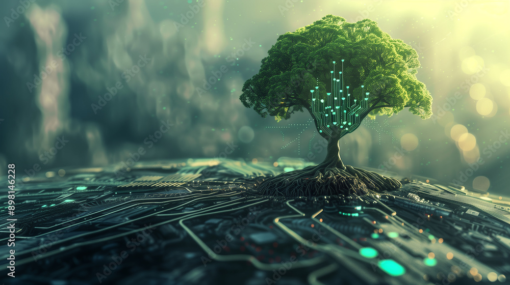 Poster a tree is growing on a computer chip. the image has a futuristic and technological feel to it
