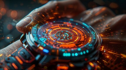 Digital smart watch with holographic display showing digital data and icons on hand,