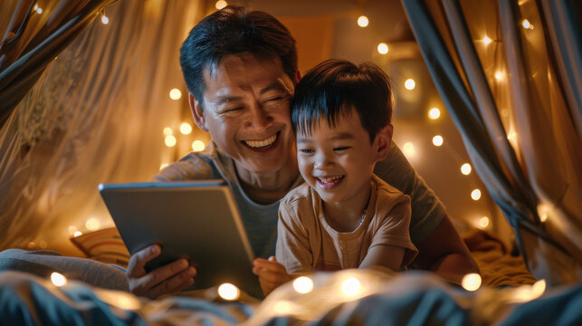 A father and son share a cozy moment in a blanket fort with fairy lights, using a tablet, emphasizing nighttime wellness and family bonding. - Powered by Adobe