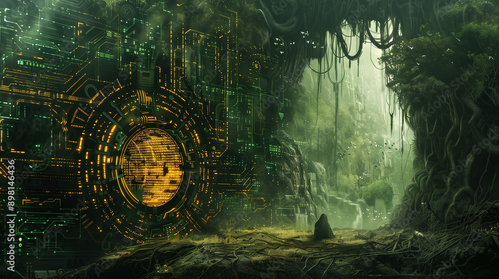Poster a tree is growing on a computer chip. the image has a futuristic and technological feel to it