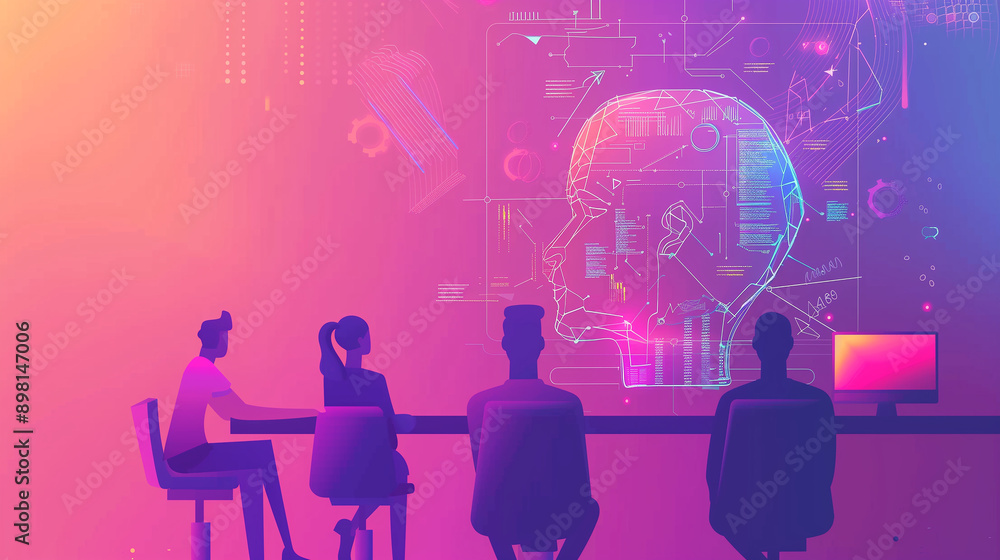 Poster a group of people are sitting at a table in front of a computer monitor. the monitor shows a brain w