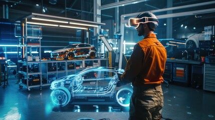 Naklejka premium next-gen automotive workshop where mechanics use augmented reality to diagnose and repair vehicles with digital precision
