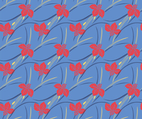 Japanese Flower Grass Leaf Vector Seamless Pattern