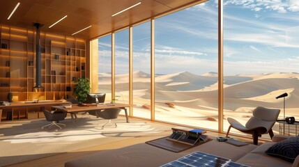 Fototapeta premium remote desert office with sustainable design, solar power, and large windows facing stunning sand dune landscapes