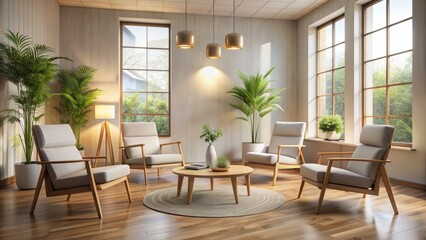 Fototapeta premium A serene, neutral-toned therapy room with empty chairs, a calm atmosphere, and subtle natural light, conveying a sense of safe space for emotional growth and healing.