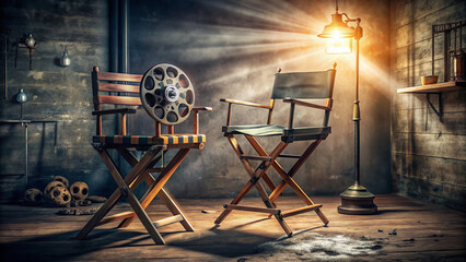 A vintage film reel and retro clapboard rest on a worn wooden director's chair, surrounded by scattered scripts and dimly lit cinematic studio ambiance.