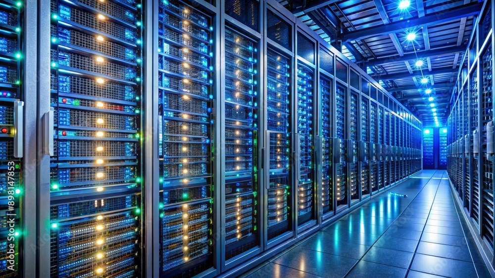 Poster rows of tall server racks with blinking lights hum with activity as intricate cables weave through m