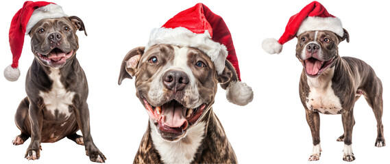 Set of Happy Pit Bull Terrier Dog Wearing Santa Hat in Various Poses Isolated on Transparent Background for Christmas and Holiday Themes