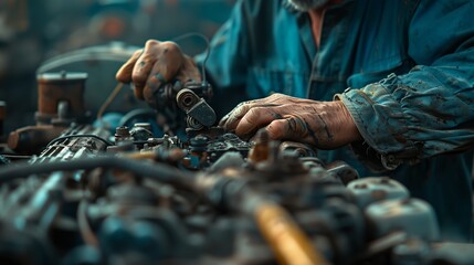 A mechanic's hands working on an engine, showing the use of tools and parts in car repair.