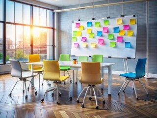 Colorful markers and sticky notes cover a whiteboard as empty chairs surround it, conveying a sense of dynamic collaboration and innovative problem-solving.