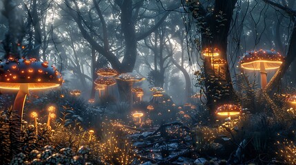 Enchanted Forest. A dark, mysterious forest with glowing mushrooms, mist, and magical creatures peeking from behind trees.