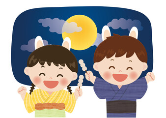 ゆかたを着た笑顔のうさぎの耳の子供達のイラスト　秋