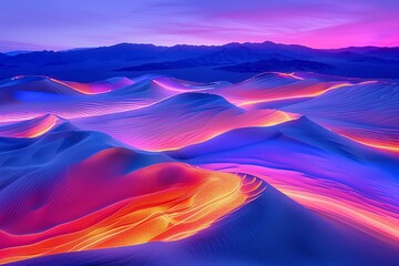 A stunning desert landscape at twilight, featuring vibrant hues of purple and orange illuminating the undulating sand dunes.
