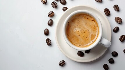 Fototapeta premium Coffee cups and coffee beans on white background, top view