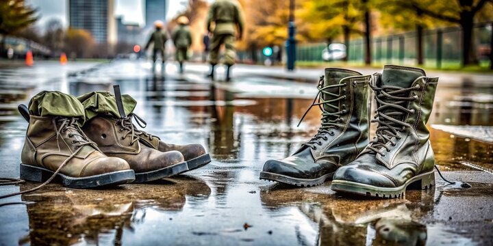 Wet pavement glistens as empty combat boots and abandoned equipment lie scattered, evidence of a interrupted intense physical training session on a rainy day.
