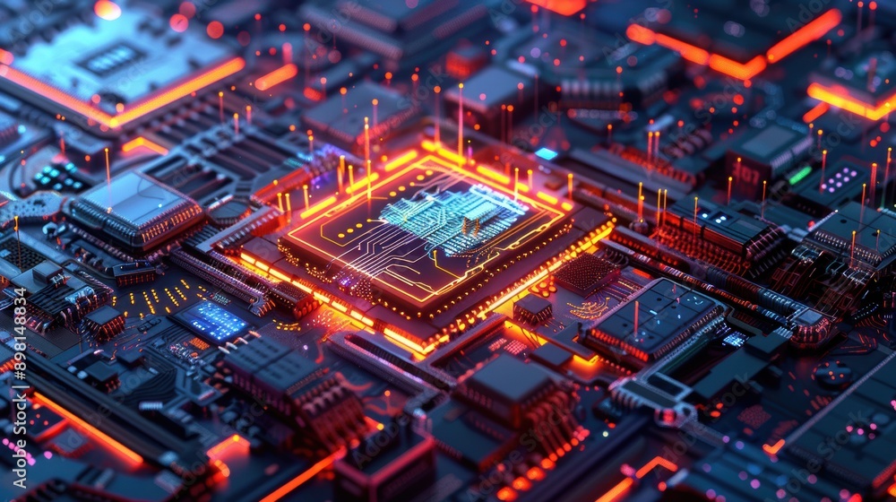 Poster a highly detailed futuristic microchip with advanced circuitry and glowing elements
