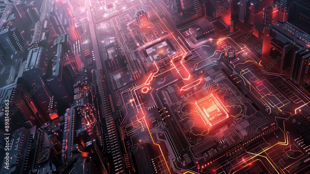 Poster a highly detailed futuristic microchip with advanced circuitry and glowing elements