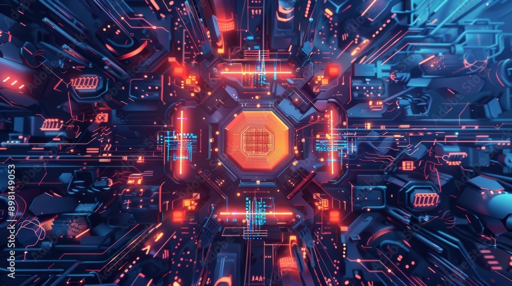Aufkleber a highly detailed futuristic microchip with advanced circuitry and glowing elements