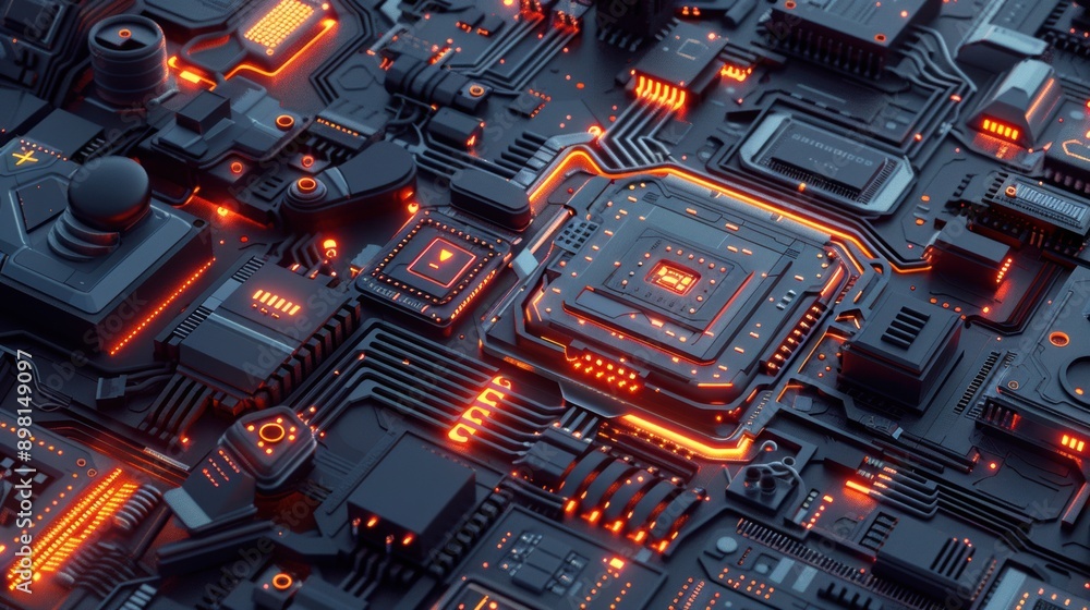 Poster a highly detailed futuristic microchip with advanced circuitry and glowing elements