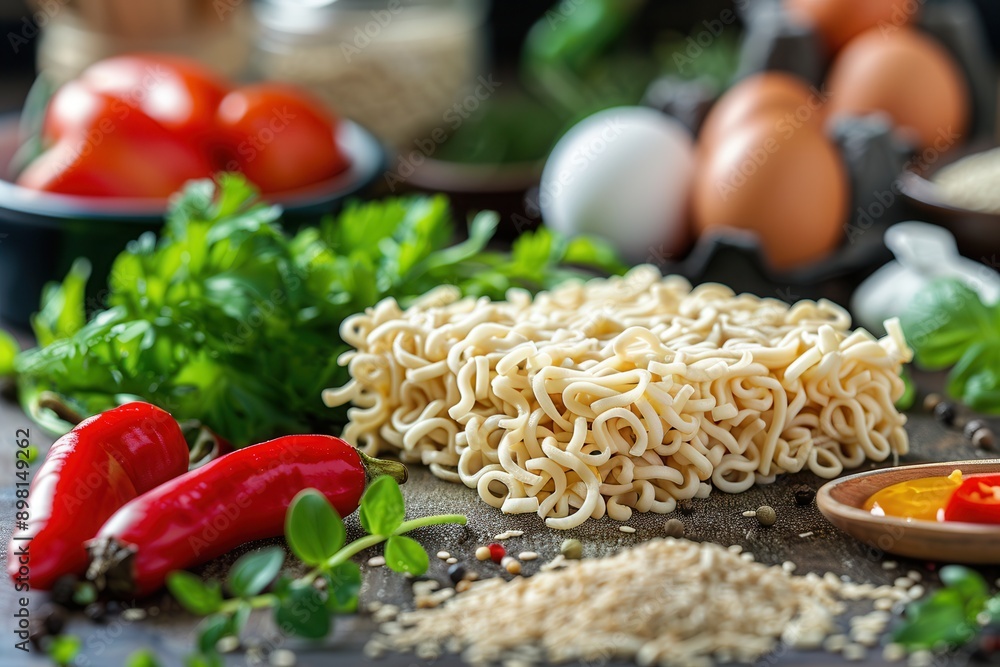 Poster a block of instant noodles sits in the center of a wooden countertop surrounded by fresh ingredients