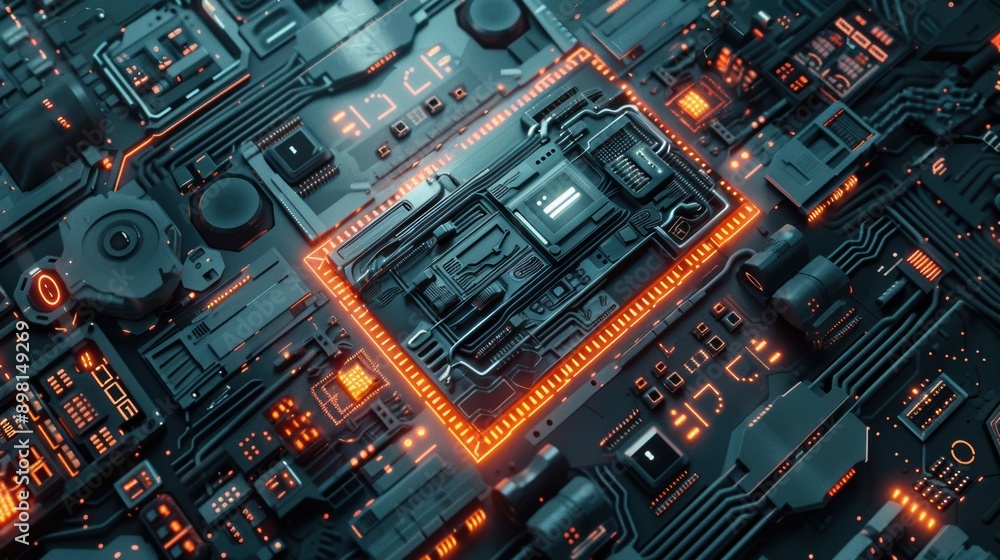 Poster a highly detailed futuristic microchip with advanced circuitry and glowing elements