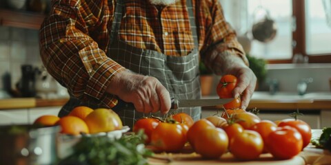 A man cuts tomatoes on a wooden cutting board in a kitchen
