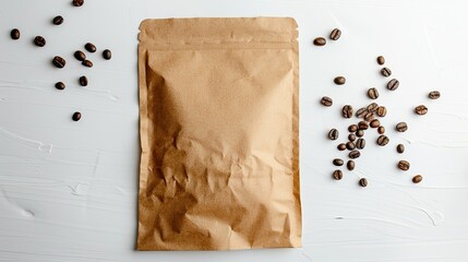 Coffee beans in a paper bag on a white background