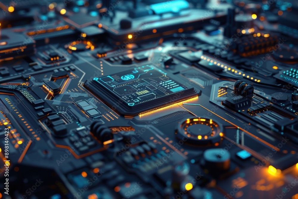 Poster a highly detailed futuristic microchip with advanced circuitry and glowing elements