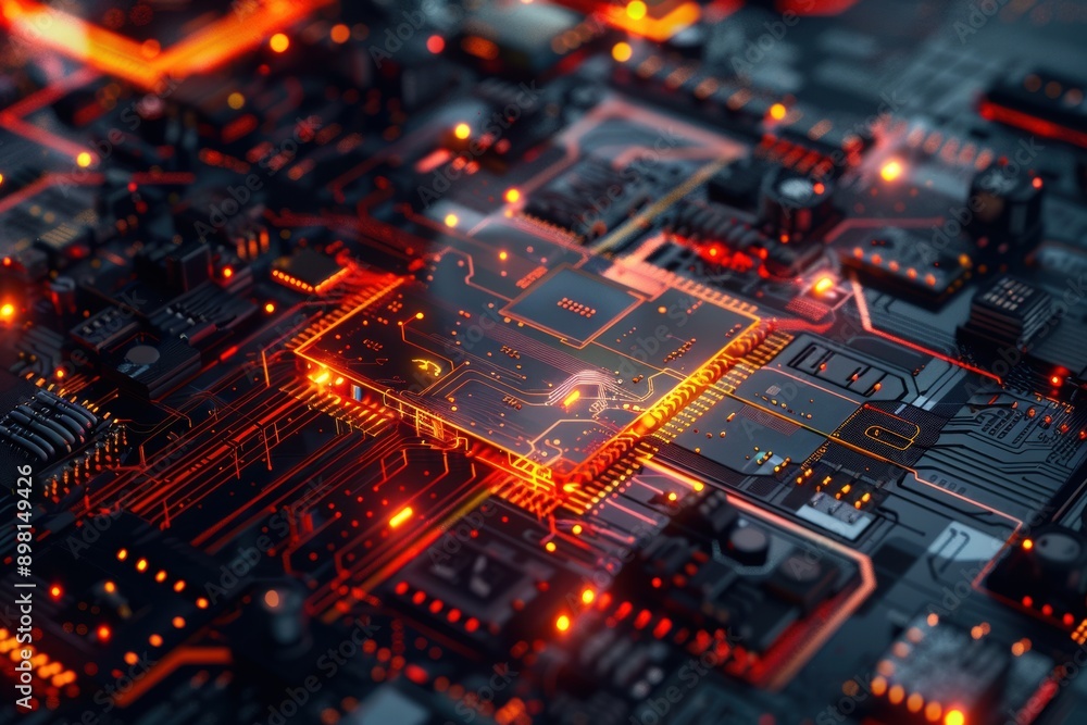 Poster a highly detailed futuristic microchip with advanced circuitry and glowing elements