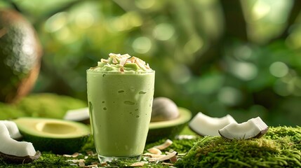 A vibrant and refreshing glass of avocado smoothie, adorned with coconut chips on top