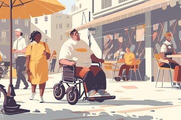 Man in wheelchair sits on bench surrounded by objects people urban setting community event. Woman stands next to umbrella man sits at outdoor table chairs. Buildings trees provide context.