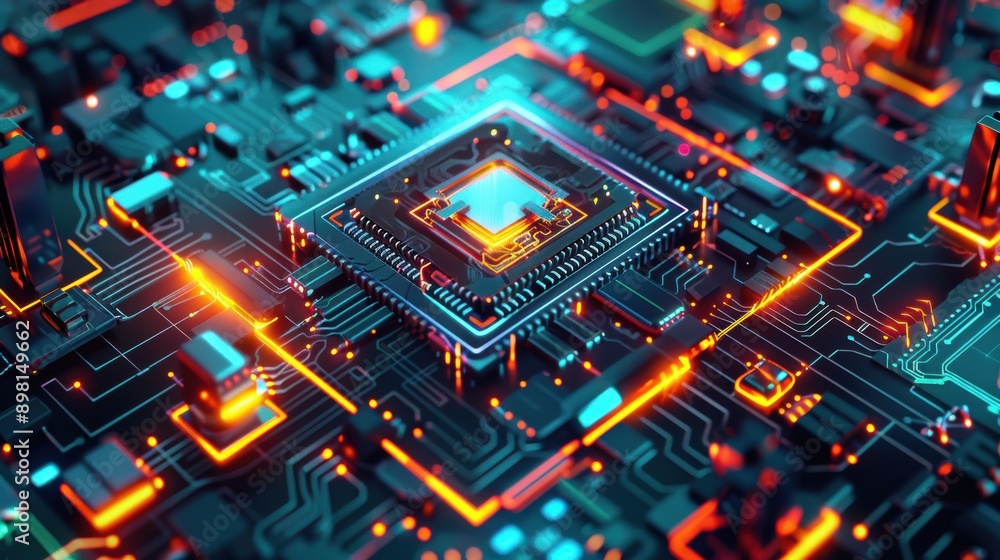Poster a highly detailed futuristic microchip with advanced circuitry and glowing elements