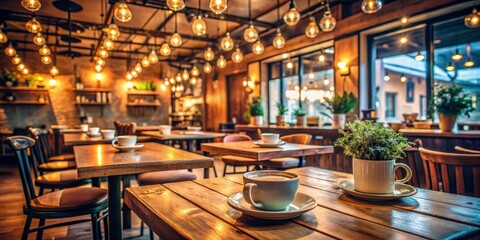 Cozy cafe atmosphere with empty seats and cups, inviting warm lighting, and rustic wooden tones, evoking feelings of joyful friendship and everyday social gatherings.
