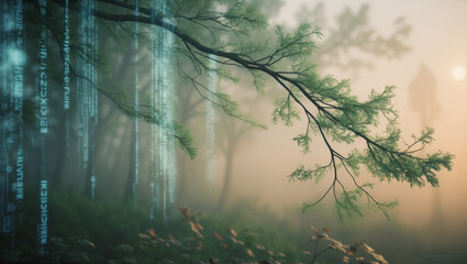 Obraz premium Green nature and cyber data interaction in nearest space.