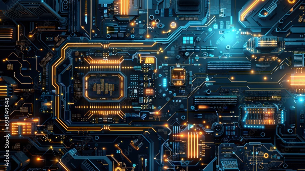 Aufkleber a highly detailed futuristic microchip with advanced circuitry and glowing elements