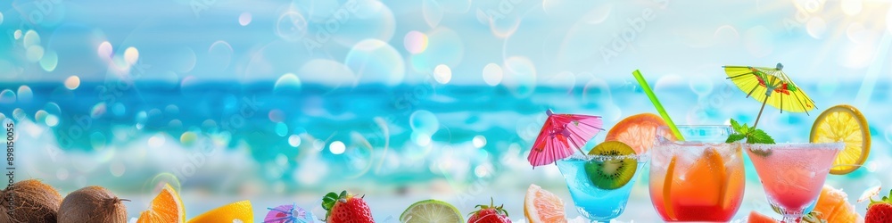 Poster a collection of colorful cocktails garnished with fruits and umbrellas are displayed on a beach with