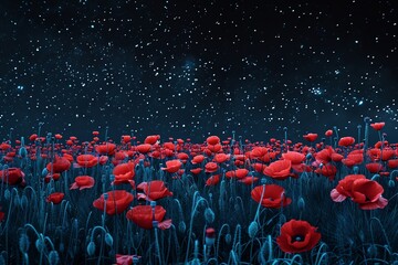 Fototapeta premium A vibrant field of red poppies under a starry night sky, creating a stunning contrast and a sense of tranquility.